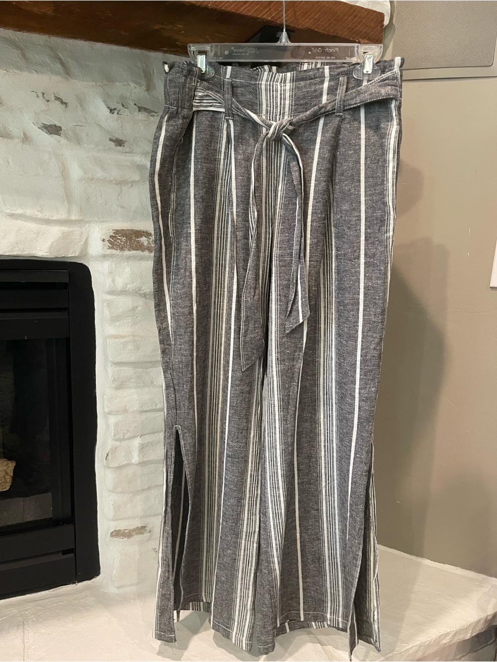 Rewash Gray and White Vertical-Stripe Wide-Leg Pants with Tie Waist